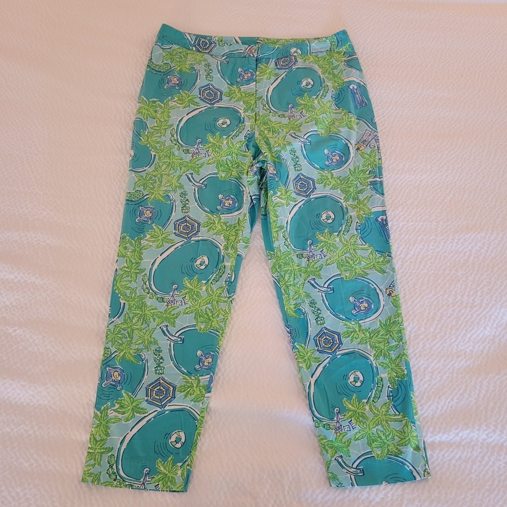 Lilly Pulitzer Pants Womens 10 Blue Green Poolside Palm Tree Crop Straight Leg - Picture 14 of 15